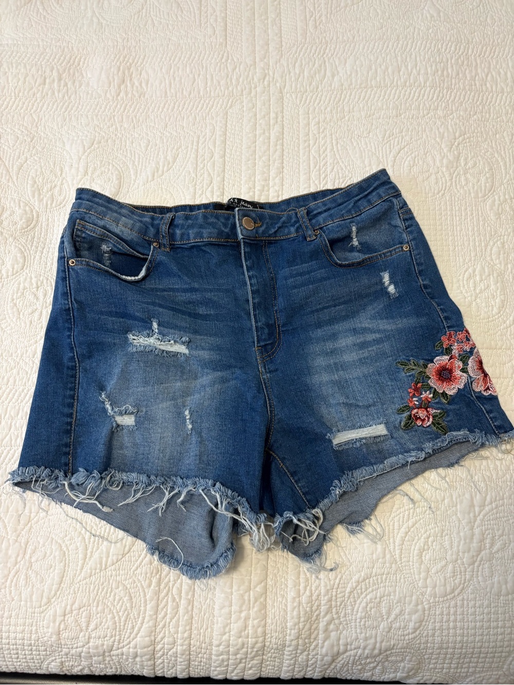 Wax Jean Blue Denim  Jean shorts with Red and Pink Floral Embroidery